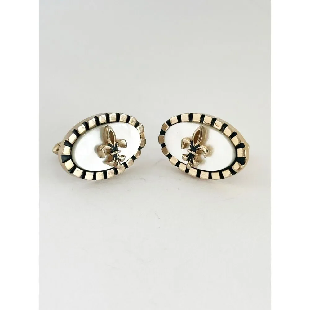 Vintage Fleur De Lis Mother of Pearl Gold Tone Cuff Links